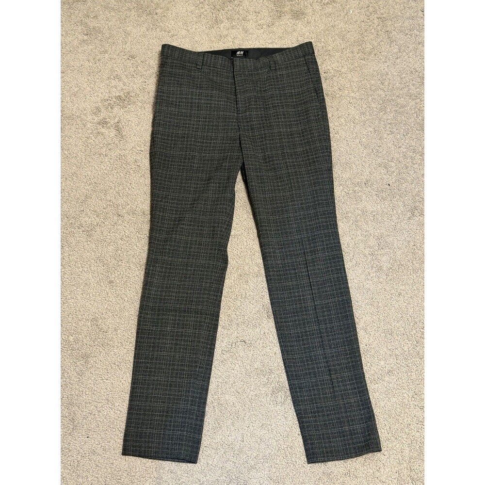 H&M Men’s Gray Plaid Skinny Fit Dress Pants 30W Flat Front Pockets